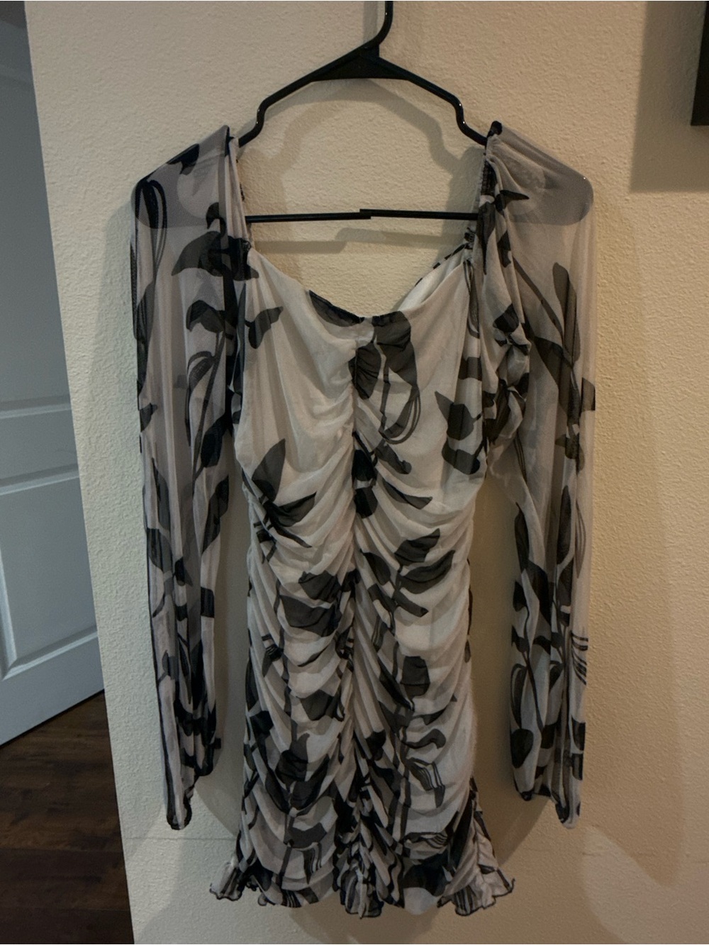 Sheer Black & White Ruched Long-Sleeve Tee